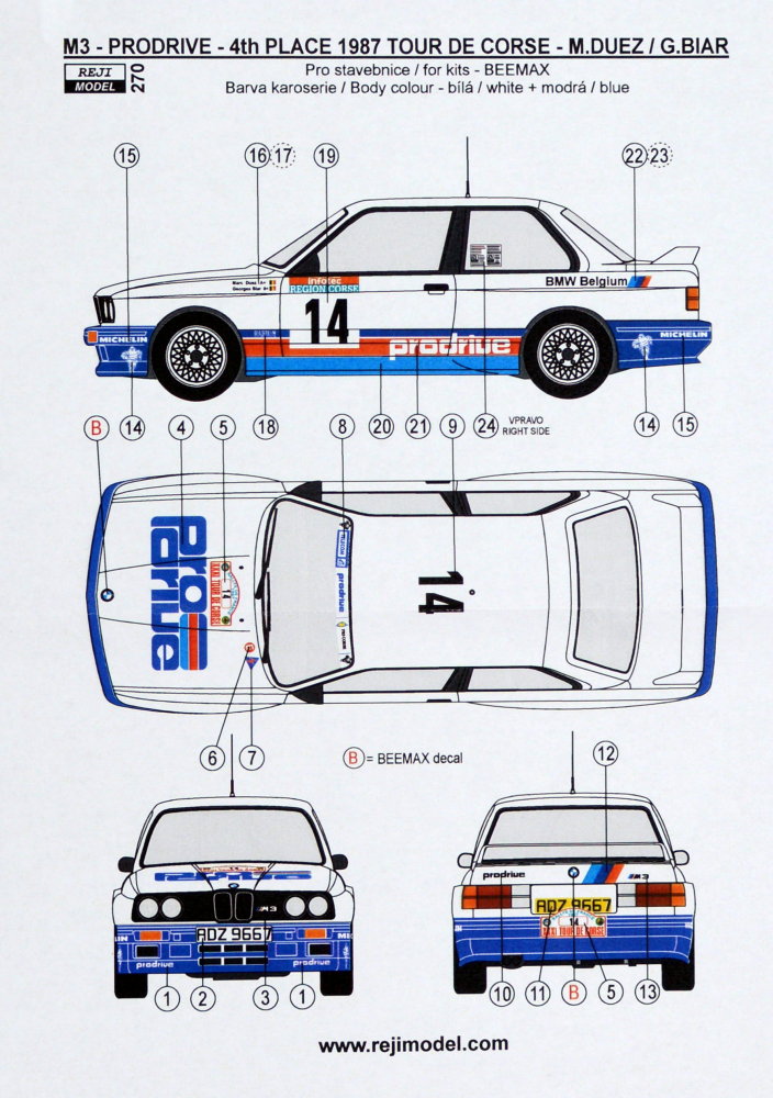 BEEMAX 1/24 BMW M3 TOUR DE CORSE '87 WINNER PLASTIC MODEL KIT - ALBURY RC MODELS BEE-24029