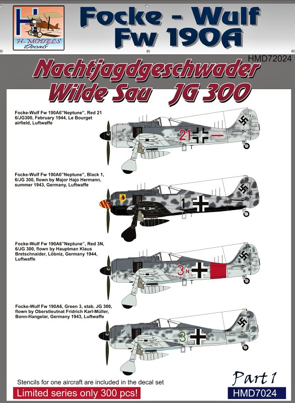 Focke-Wulf Fw 190As # 72024 Pt.1 H-Model Decals 1/72 JG300 Wilde Sau
