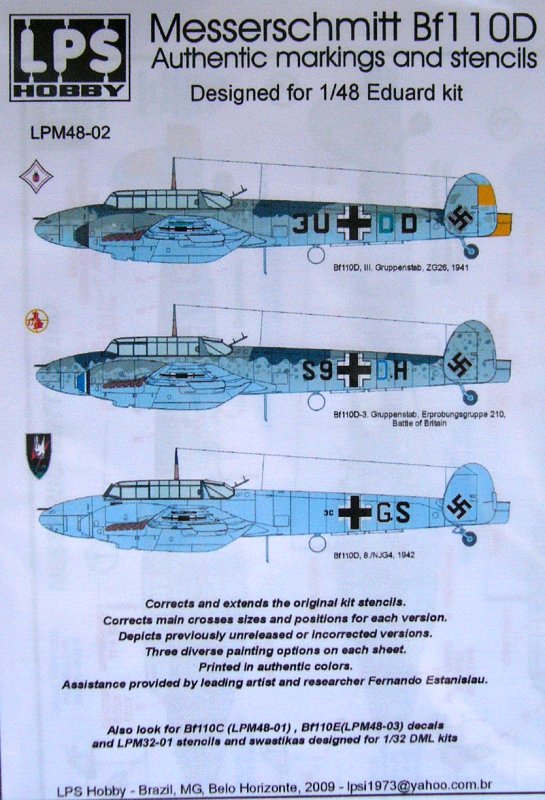 1/48 Bf 110D Decals&Stencils (3x Luftwaffe camo)