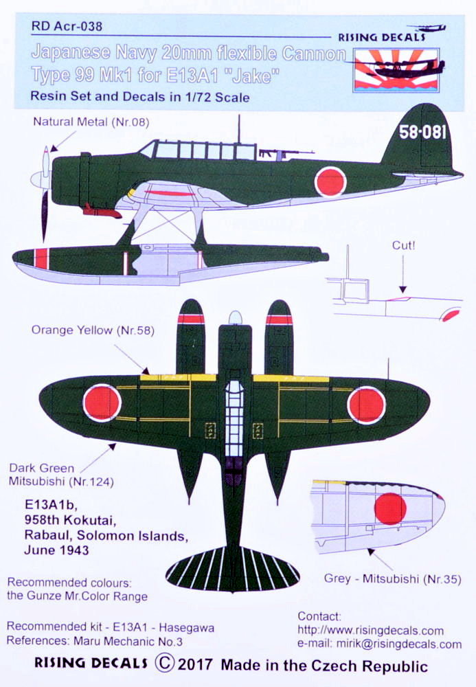 Rising Decals ACR038 1/72 Japanese Navy 20mm cannon Type 99 for E13A1 Jake Has