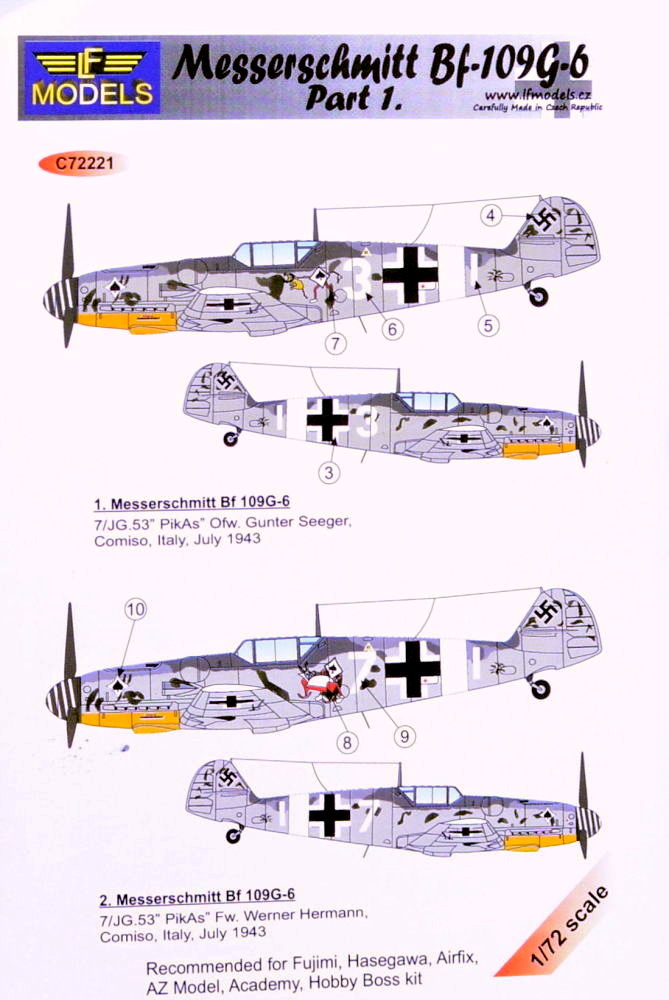1/72 AZ Model Accessories Messerschmitt Bf 109 G/K Spiral Nose Decal # 7023