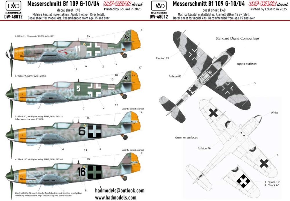 1/48 Decal Messerschmitt Bf 109G-10/U4 (dry-water)