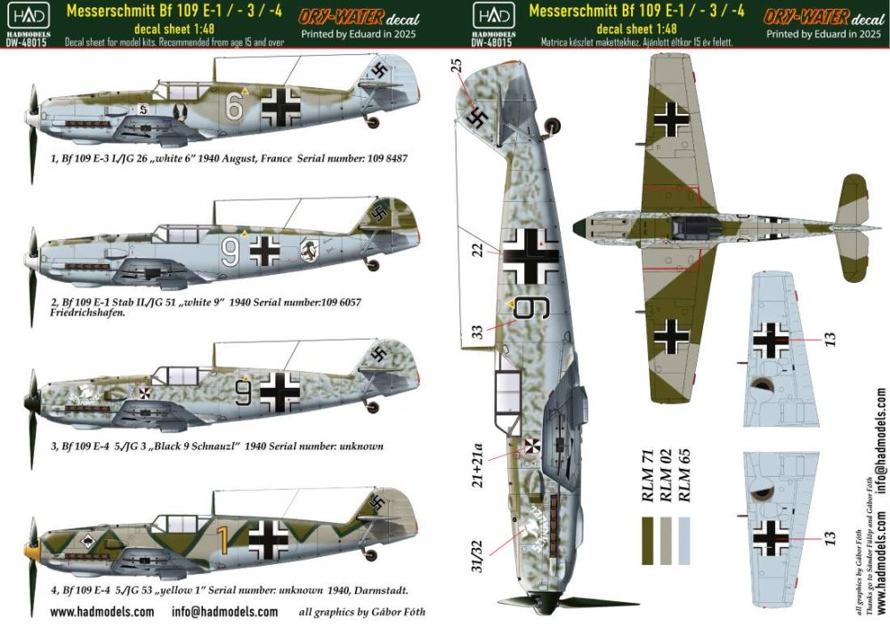 1/48 Decal Bf 109 E-1/E-3/E-4 (dry-water)